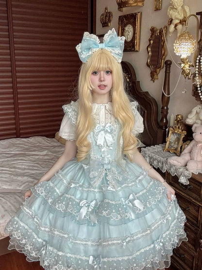 Hanguliang - Fudie Heart - Sweet Lolita JSK Dress With Tiered Skirt and Bow Trailing