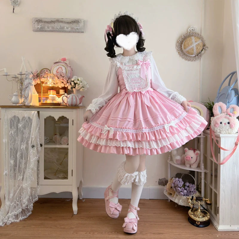 Hanguliang - Sweet Bear - Kawaii Lolita JSK Dress Embroidery Flounce Hem