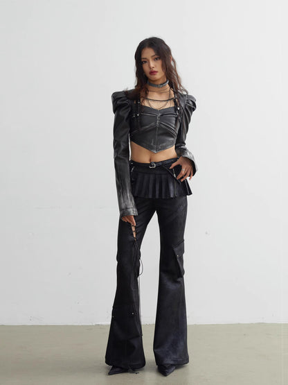 Cut-out Lace-up Pockets Decorated Flare Pants With Skirt