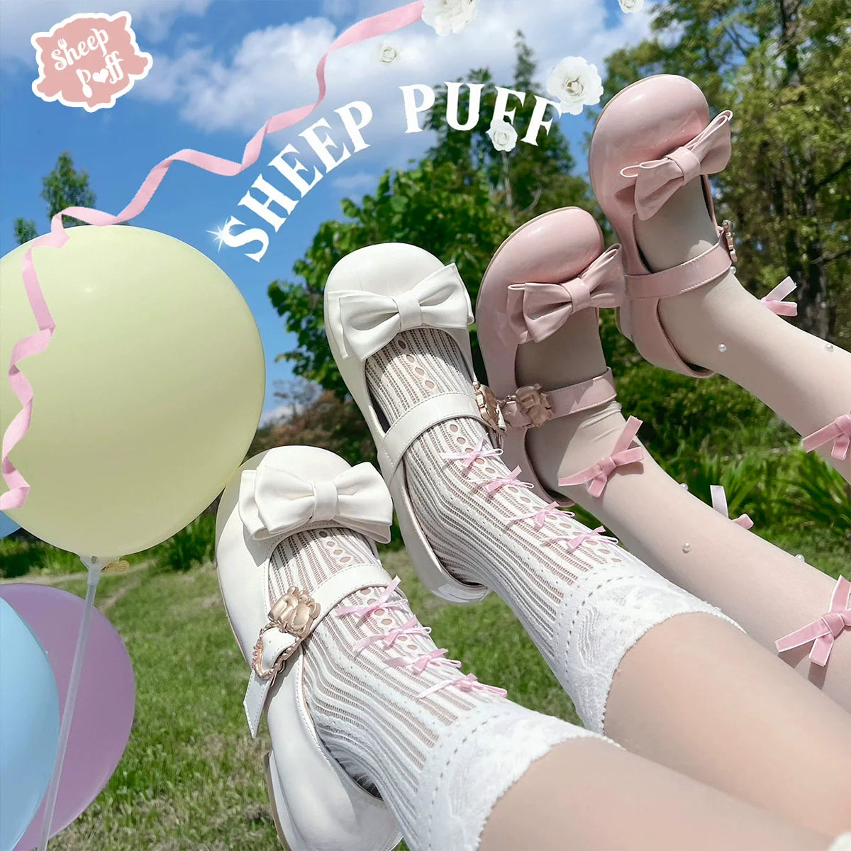 Sheep Puff - Hug Bear - Sweet Lolita Heel Shoes Bear Metal Buckle Bow Shoes
