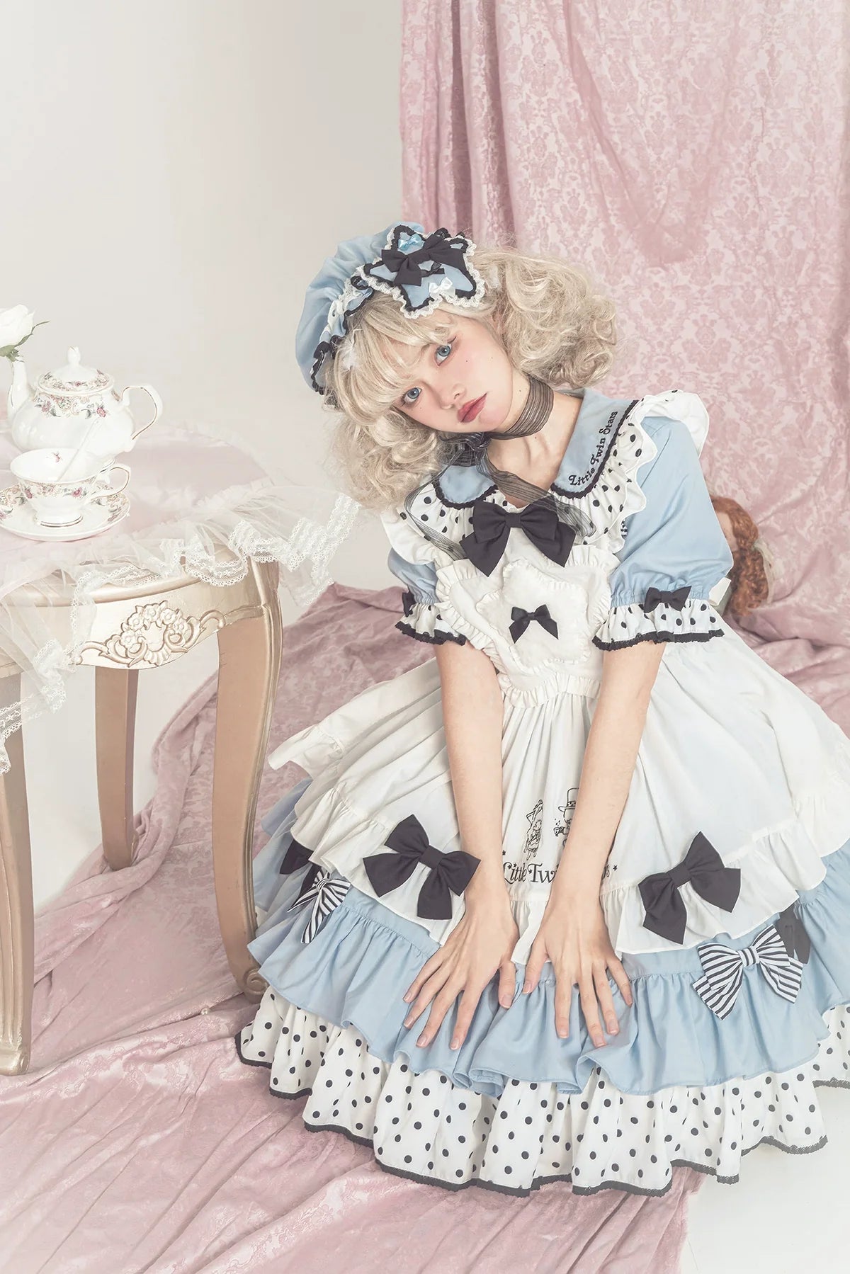 Vcastle - Sweet Lolita OP Dress Splicing Sleeve Apron Dot Print Dress