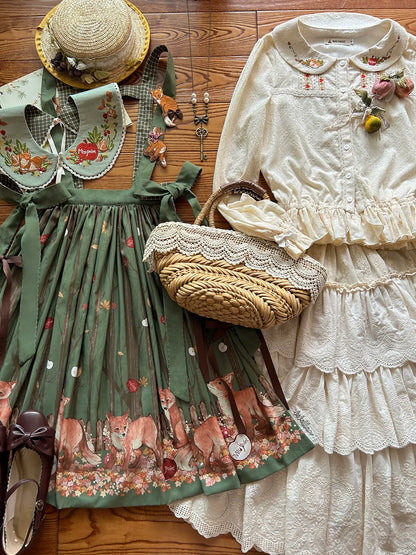 Miss Point - Chubby Fox in the Forest - Customized Lolita Skirt Embroidery Lace Cotton Lolita Skirt