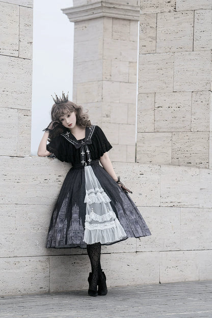 Cornfield Lolita - Silent Church - Gothic Lolita JSK Dress Printed Dress Thin Shawl Set