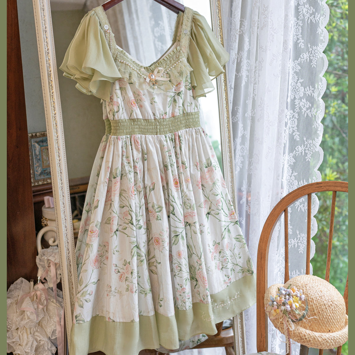 EESSILY - The Rose Dowry - Daily Cotton Lolita OP Dress V-neck Dress