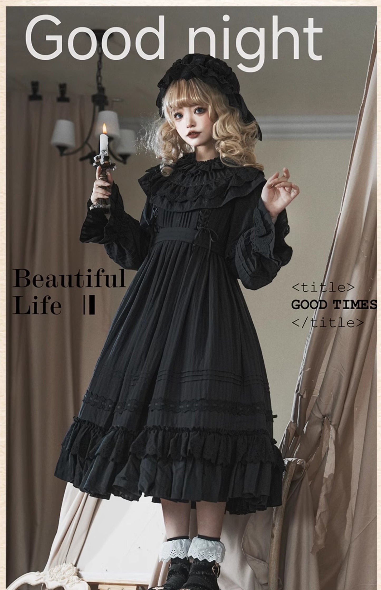 Sanshanjiu - Goodnight Black - Gothic Lolita Black OP with Round Cape Collar