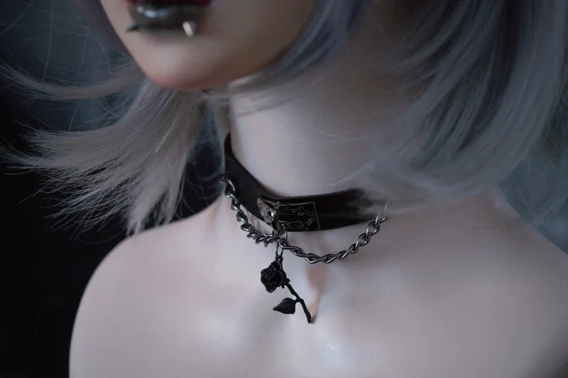 Strange Sugar - Gothic Lolita Choker Faux Leather Rose Pendant Necklace