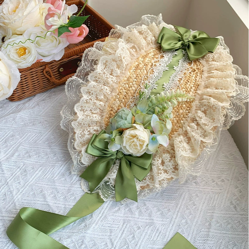 With PUJI - Floral Language - Country Lolita Lace Bow Flat Cap Straw Hat