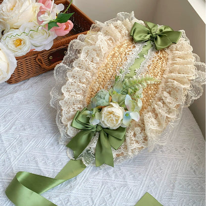 With PUJI - Floral Language - Country Lolita Lace Bow Flat Cap Straw Hat