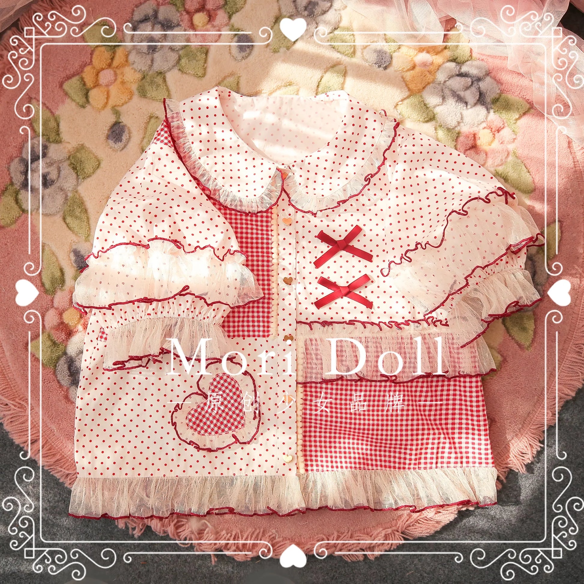Mori Doll - Peach Tea - Sweet Lolita Dot and Stripe Print Short Sleeve Blouse