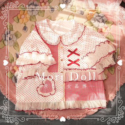 Mori Doll - Peach Tea - Sweet Lolita Dot and Stripe Print Short Sleeve Blouse
