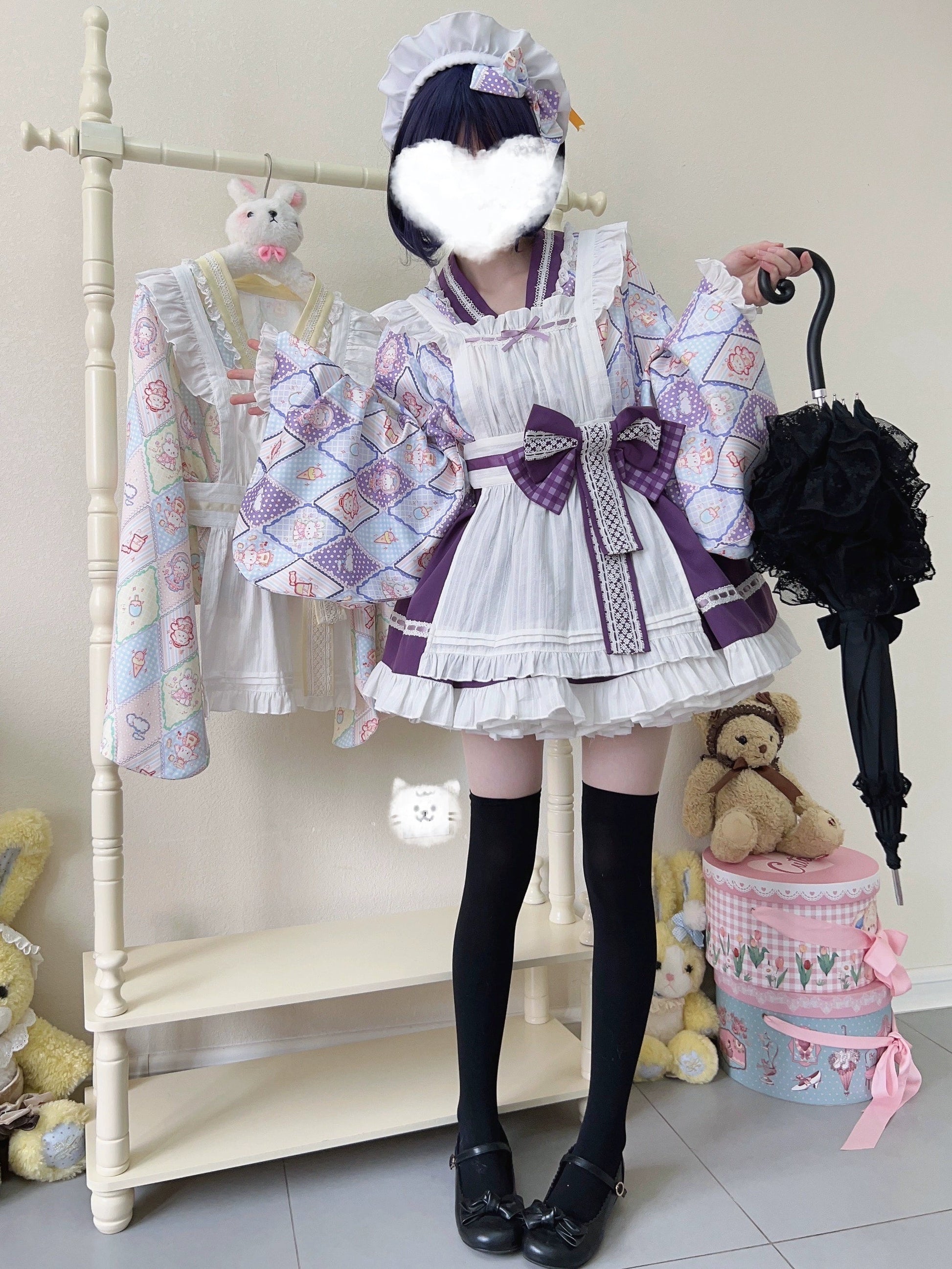 Sugar Girl - Showa Sweetness - Maid Wa Lolita Skirt Set Cute Summer Lolita Bow Apron