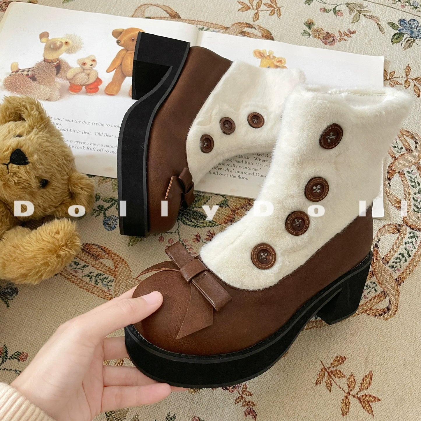 Dolly Doll - Winter Lolita Boots Fur Mary Jane Lolita Low Heel Shoes