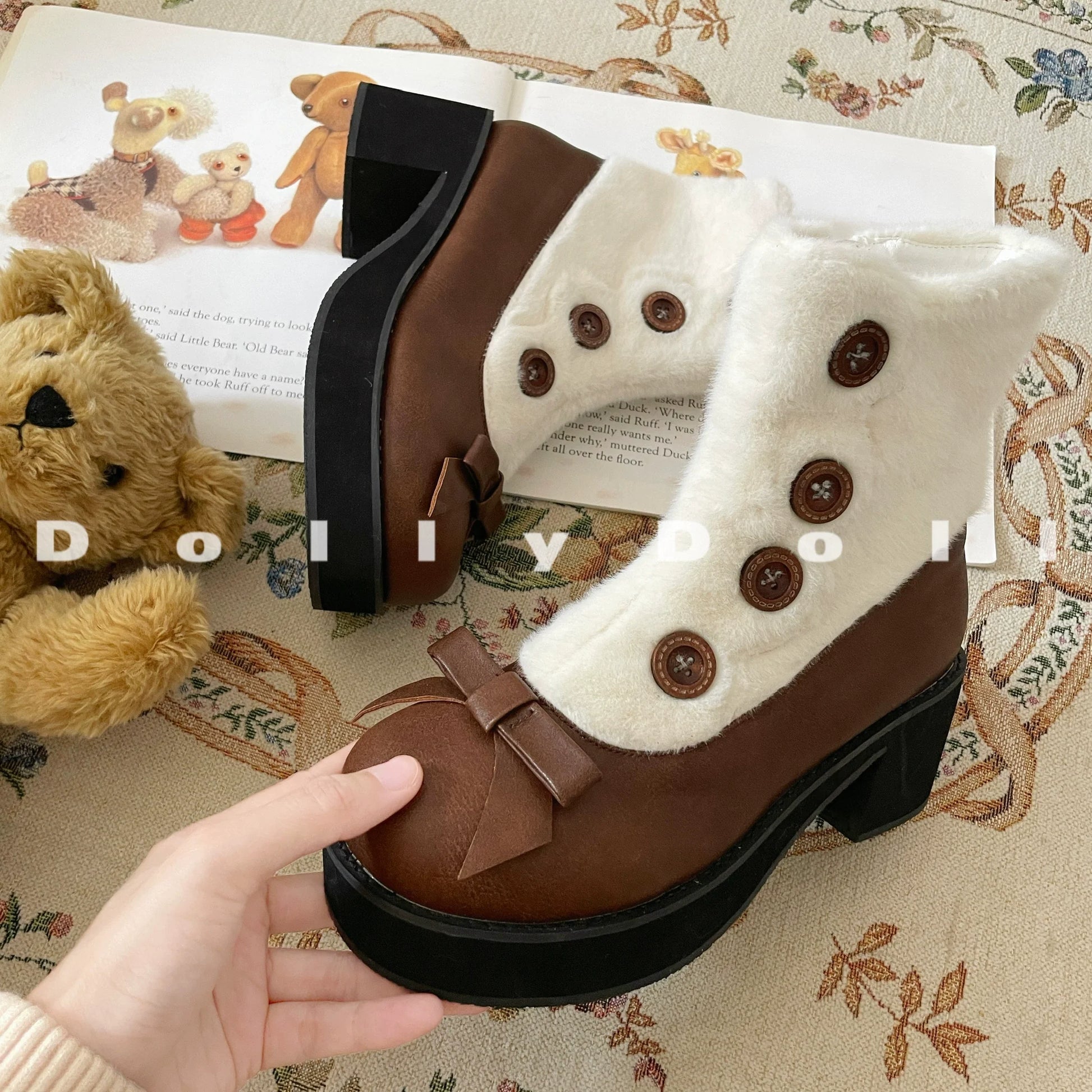 Dolly Doll - Winter Lolita Boots Fur Mary Jane Lolita Low Heel Shoes