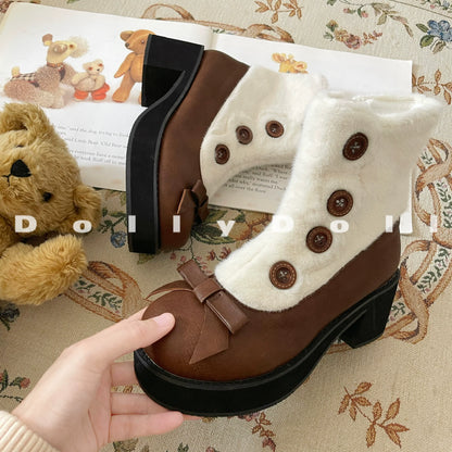 Dolly Doll - Winter Lolita Boots Fur Mary Jane Lolita Low Heel Shoes