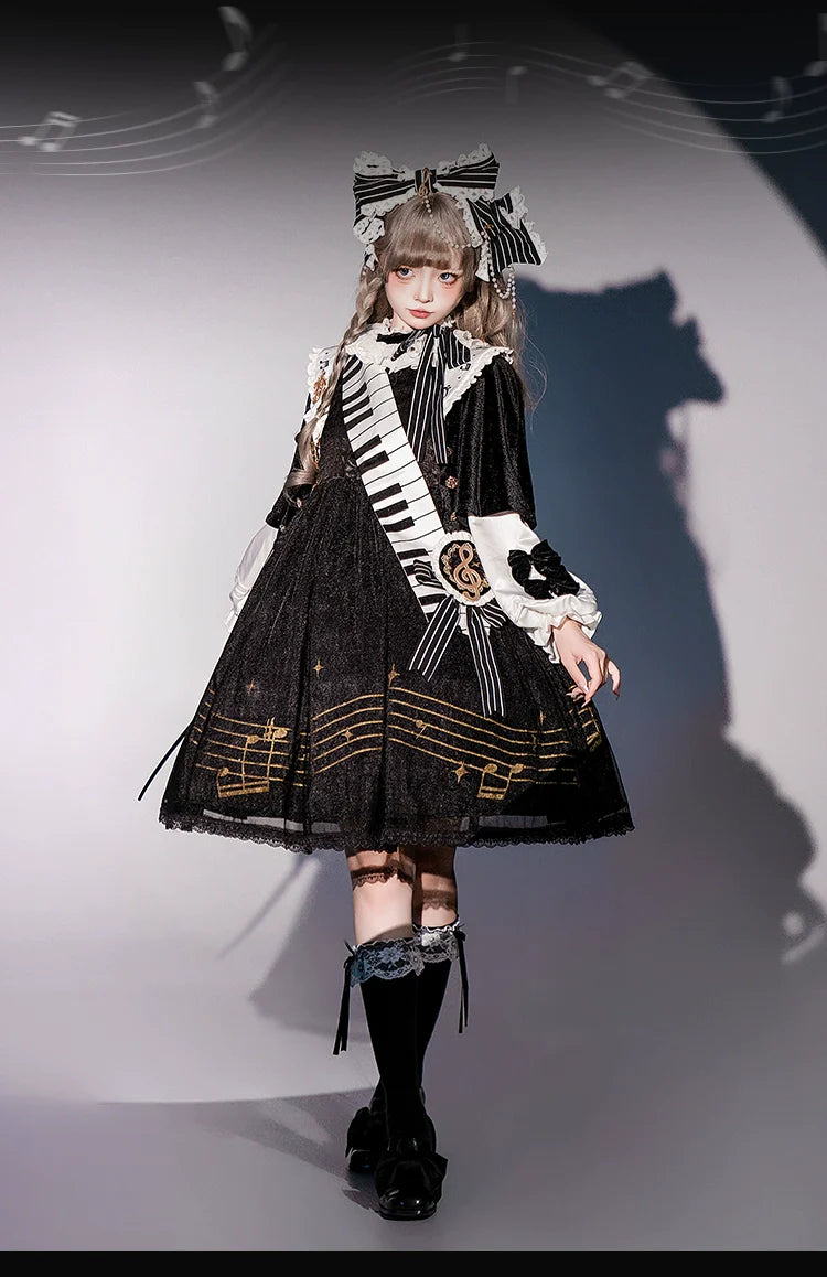 Forest Fluorescent Carps - Black and White Sonata - Ouji Lolita Vest Suit and Vintage Lolita OP Dress