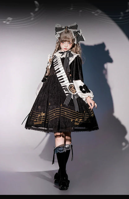 Forest Fluorescent Carps - Black and White Sonata - Ouji Lolita Vest Suit and Vintage Lolita OP Dress