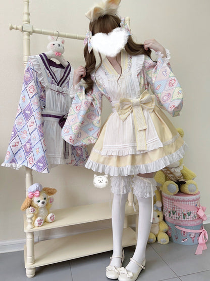 Sugar Girl - Showa Sweetness - Maid Wa Lolita Skirt Set Cute Summer Lolita Bow Apron
