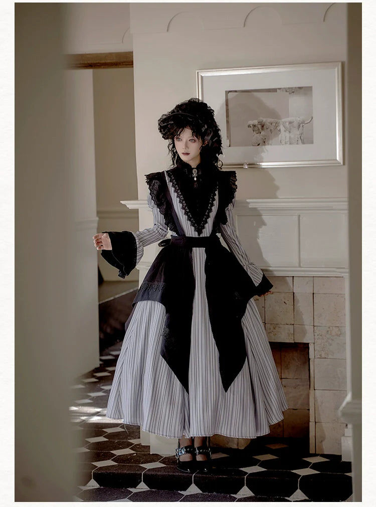 With PUJI - Nocturne SP - Striped Gothic Lolita OP Twin Lolita Dress with Apron