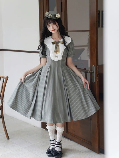 Forest Fluorescent Carps - The Rain of London - Elegant Lolita OP Dress, Bat Wing-Shaped Neckline