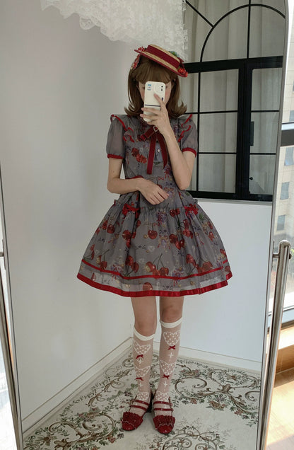 Gloaming - Sweet Lolita Cherry print Short Sleeve OP and SK Set
