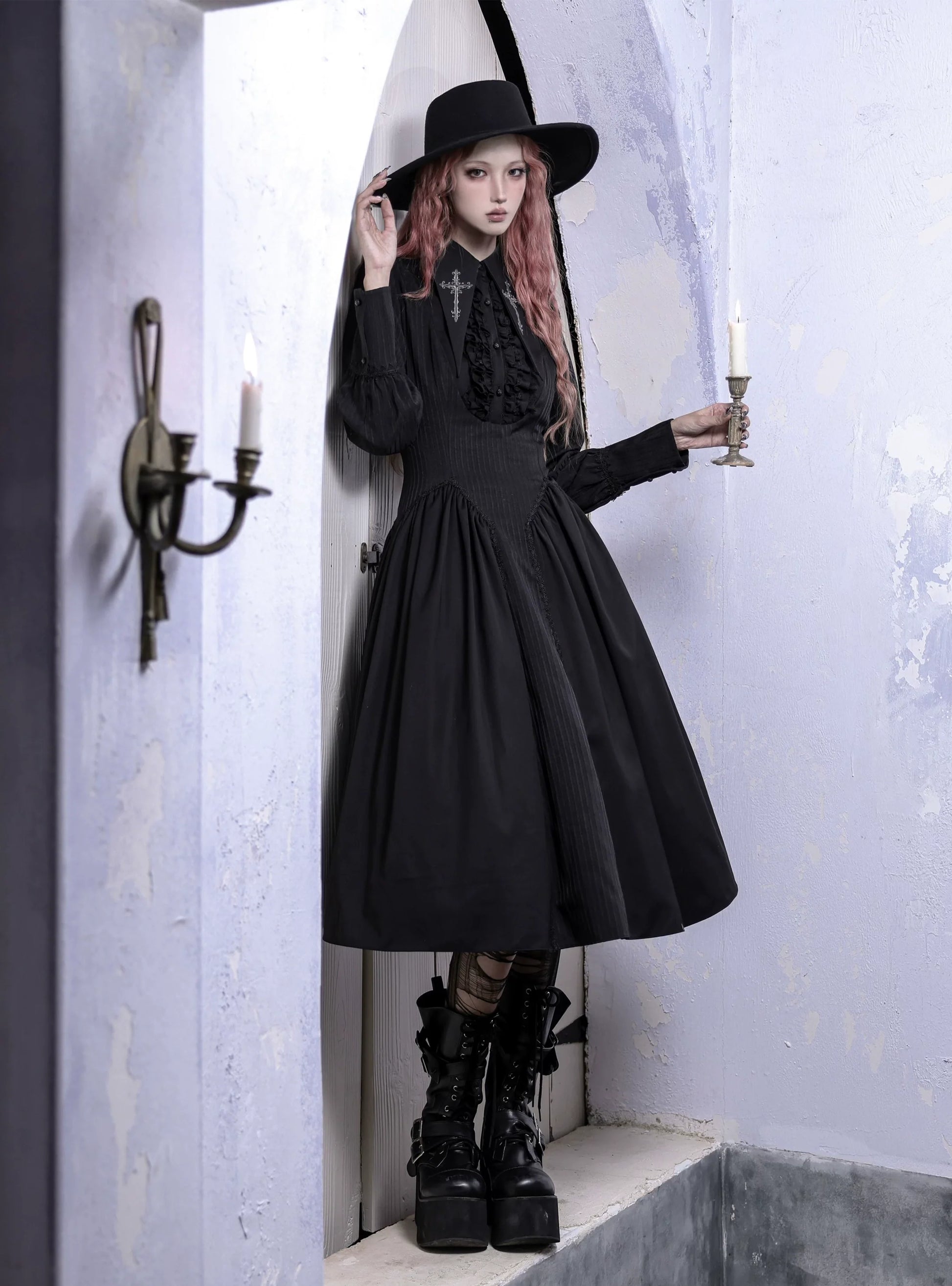 Lilizi - Redemption Song - Gothic Lolita OP Dress Cross Embroidery Tiered Hem