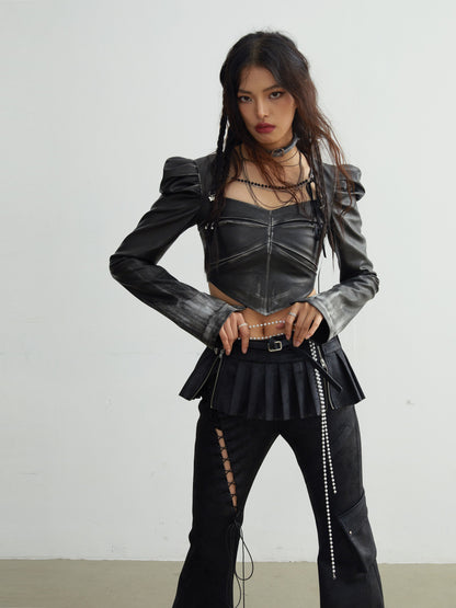 Chain Decorated Gradient Imitation Leather Short Jacket