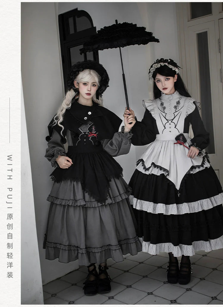 With PUJI - Castle Night - Gothic Twins Lolita OP Three-tiered Embroidery Dress