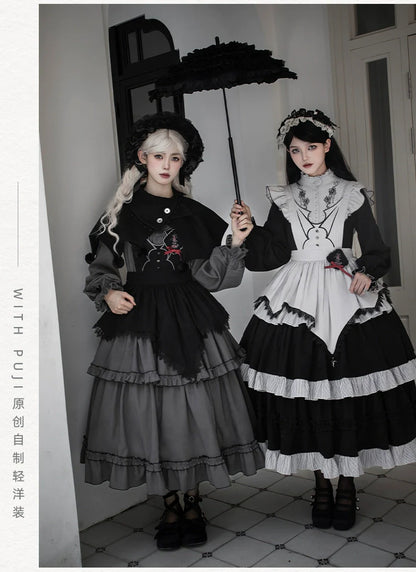 With PUJI - Castle Night - Gothic Twins Lolita OP Three-tiered Embroidery Dress