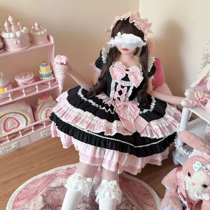Hanguliang - Showa Flower Butterfly - Pink Sweet Lolita OP Dress With Bows & Lace Trim