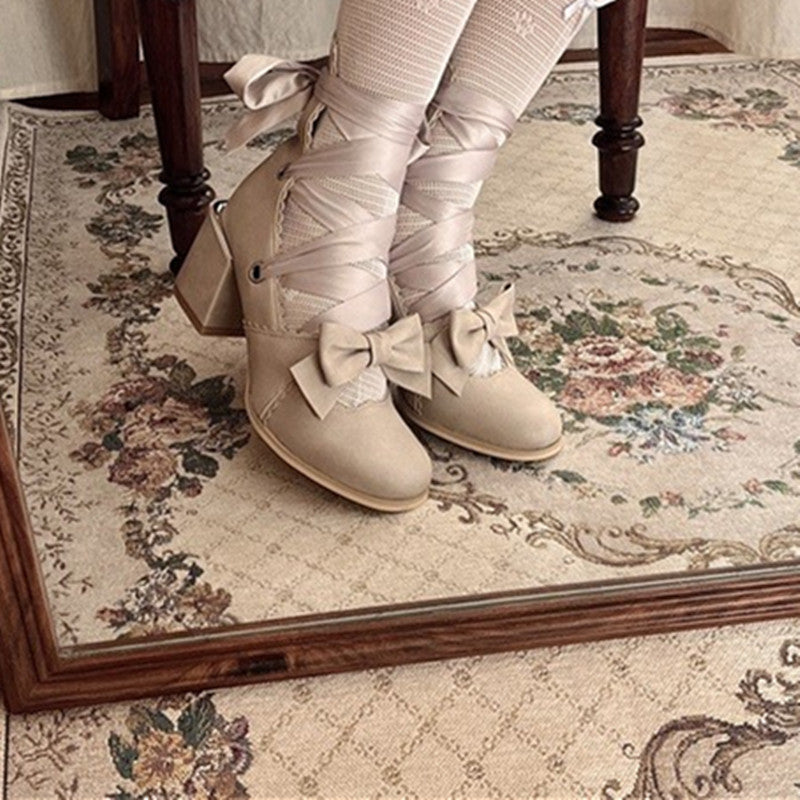MR.Qiutian - Muse Kiss - Elegant Lolita Shoes Lace-up Bow Heels Round Toe