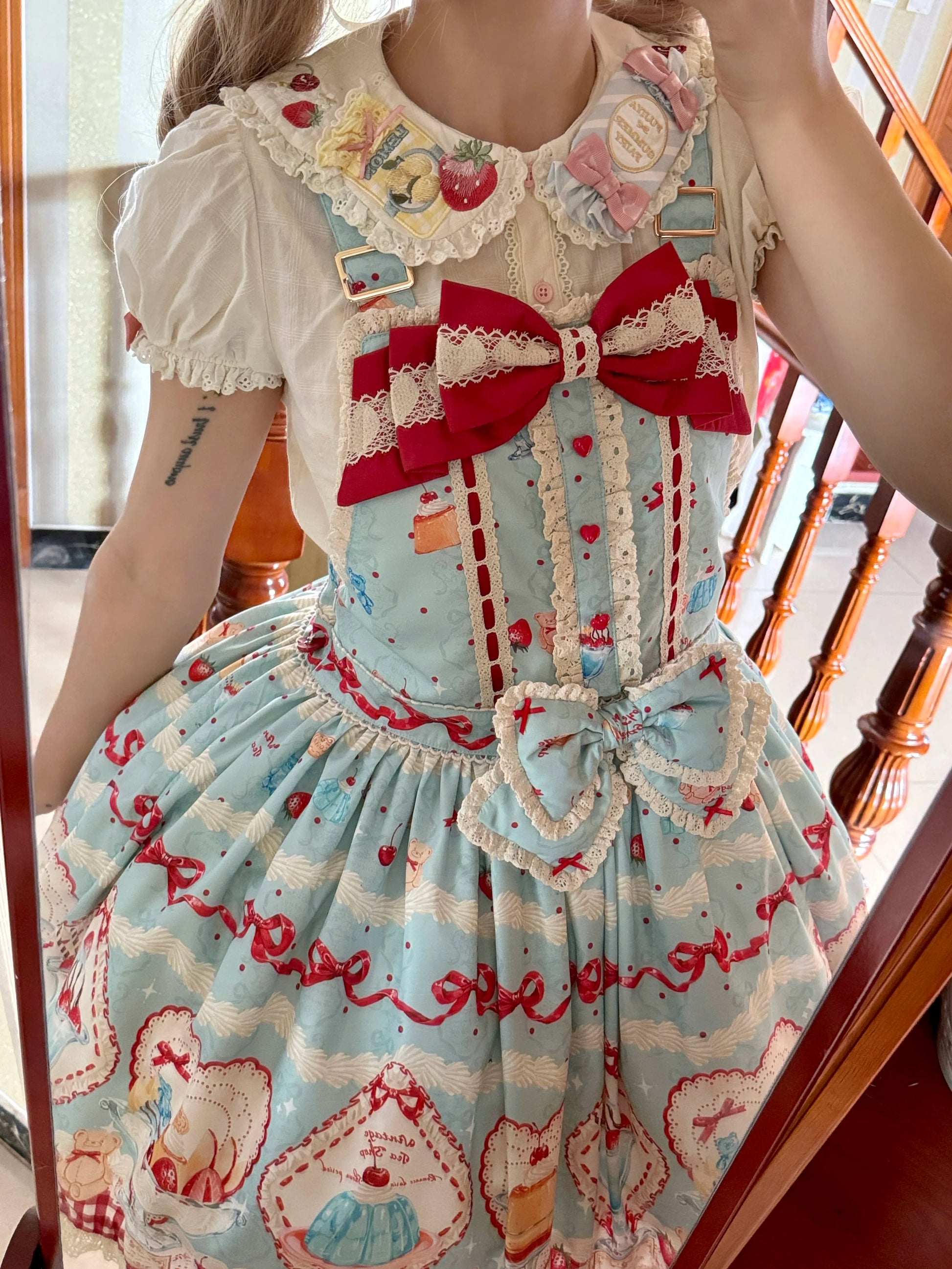 DreamWhale - Showa Dessert Showcase - Kawaii Lolita Dress Suit Pudding-Inspired JSK/Salopette