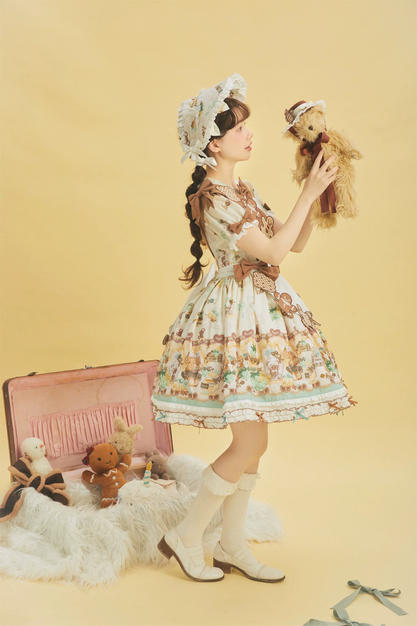 Babyblue - Little Bear Honey Jar - Kawaii Lolita Short Sleeve OP Gingerbread Man Embroidered Dress