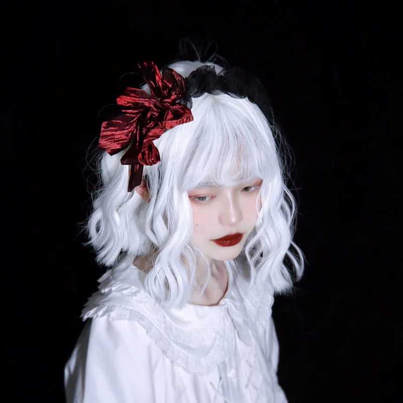 Strange Sugar - Gothic Lolita KC Black Wine Red Ruffled Bow Hair Accessories