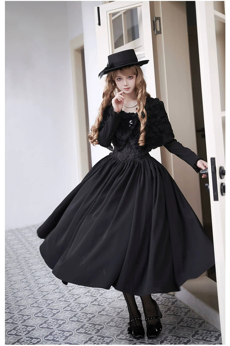 With PUJI - Old Testament - Classic Lolita Coat Black Plush Lolita Cape and Brooch