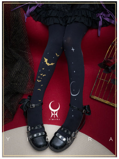 Yidhra - Night of Little Bats - Halloween Gothic Lolita Pantyhose, Bat Print