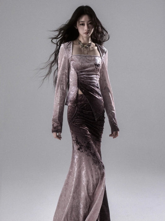 Butterfly print A-line velvet skirt【s0000006406】