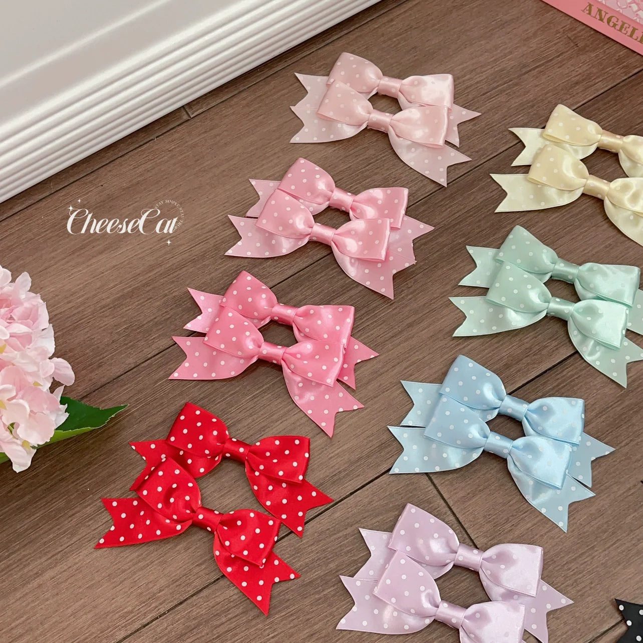 Cheese Cat - Kawaii Lolita Hair Clip Polka Dot Ribbon Bow Clips