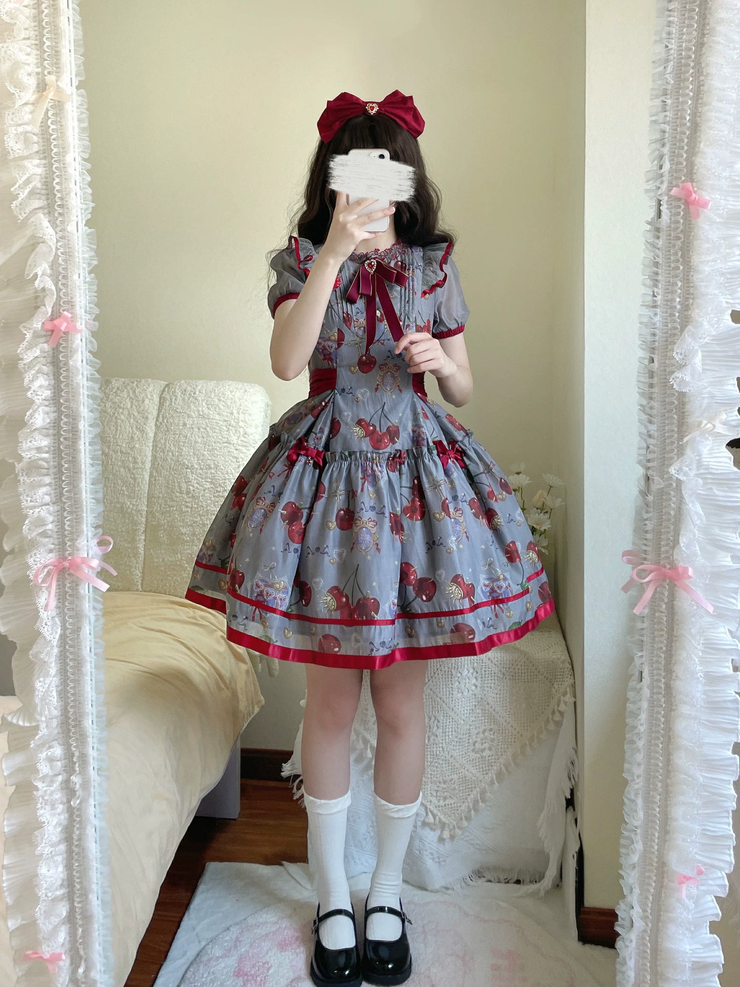 Gloaming - Sweet Lolita Cherry print Short Sleeve OP and SK Set