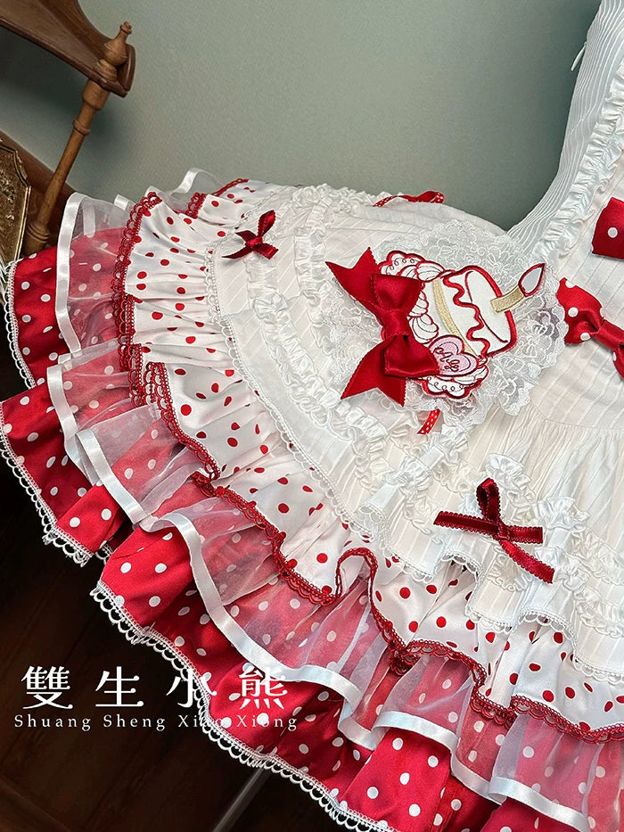 Shuang Sheng Xiao Xiong - Bite The Cake - Sweet Lolita Dress, Red & White Polka Dots