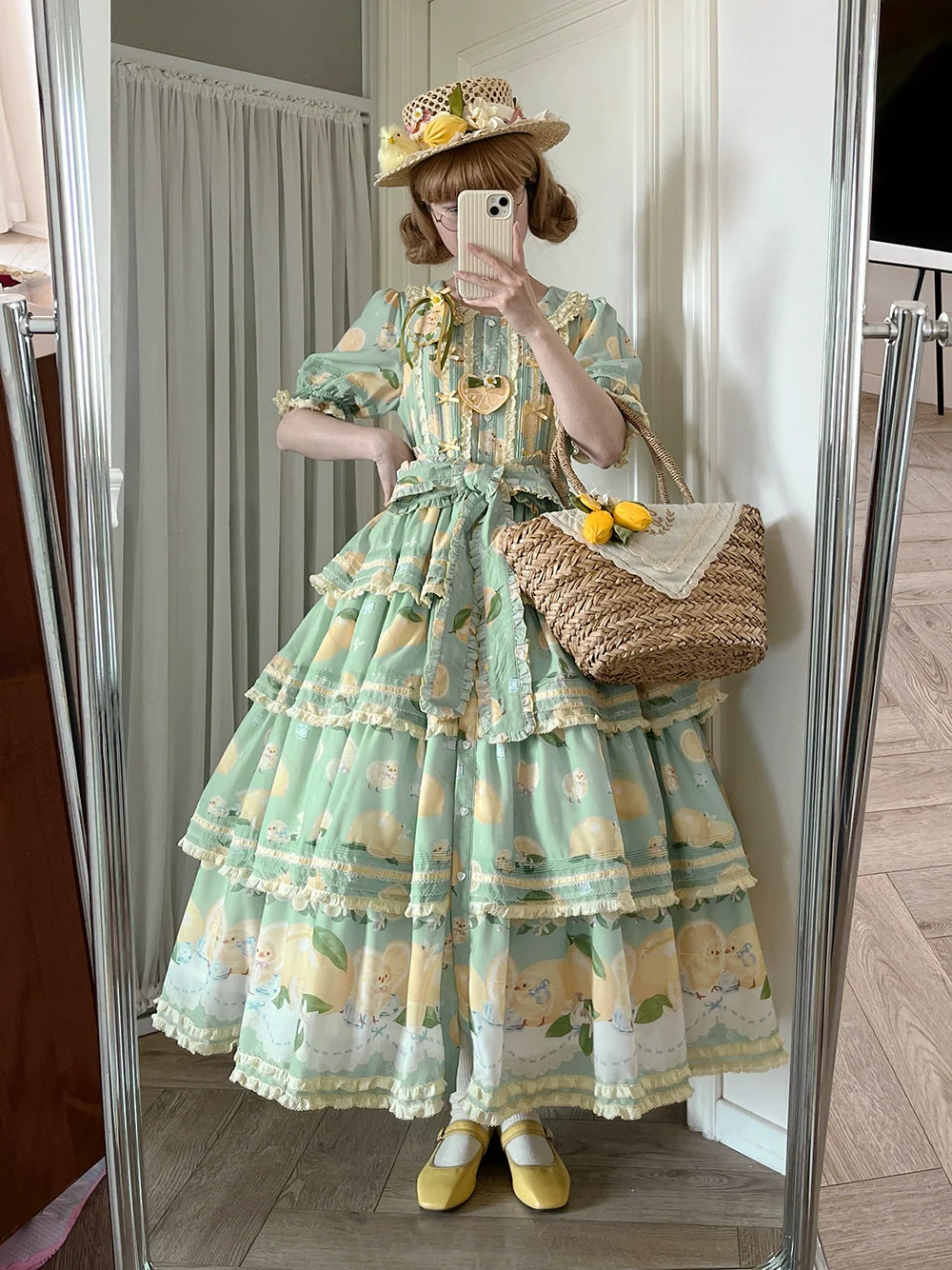 Miss Point - Lemon Chick - Country Lolita Printed OP With Button Front