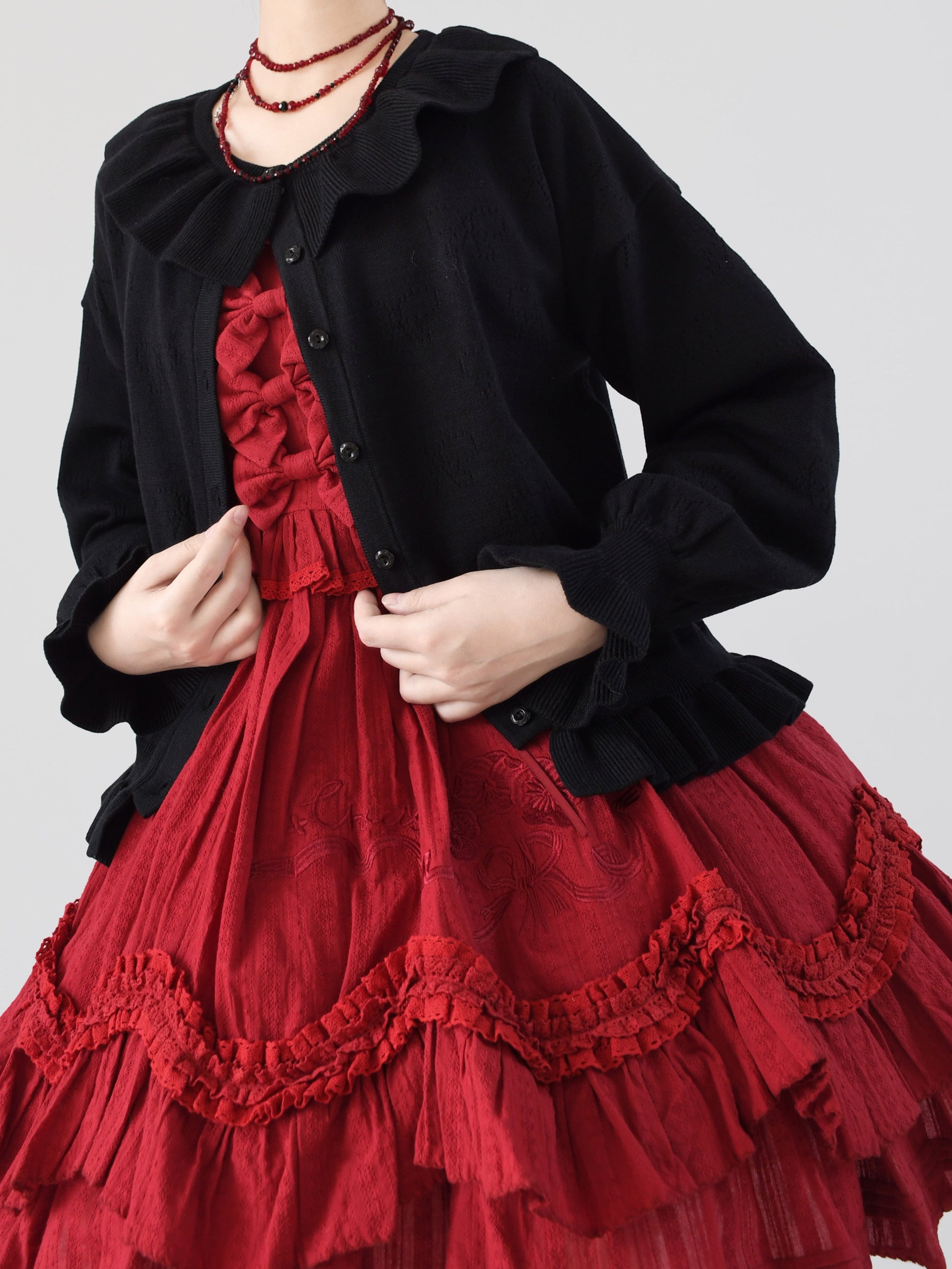 MIST - Vintage Lolita Bow Hollowed-out Sweater Ruffled Cardigan