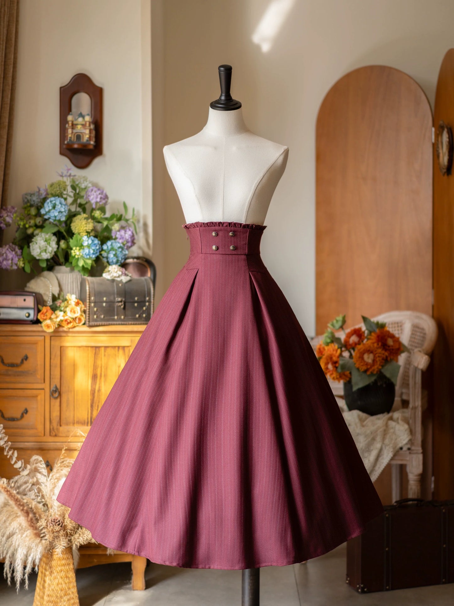 Forest Wardrobe - Forest Log - Classic Lolita Fishbone Striped Skirt, Side Pockets