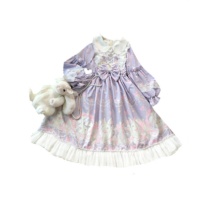 Doujiang - Kawaii Lolita OP Rabbit Print Pink Purple Lace Princess Dress