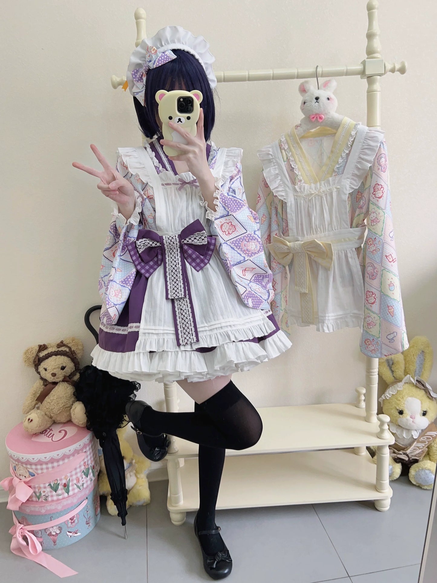 Sugar Girl - Showa Sweetness - Maid Wa Lolita Skirt Set Cute Summer Lolita Bow Apron