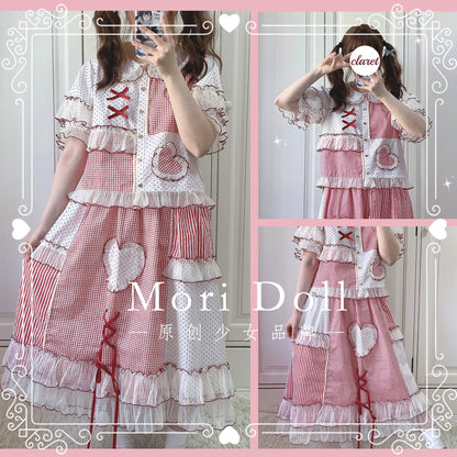 Mori Doll - Peach Tea - Sweet Lolita Dot and Stripe Print Short Sleeve Blouse