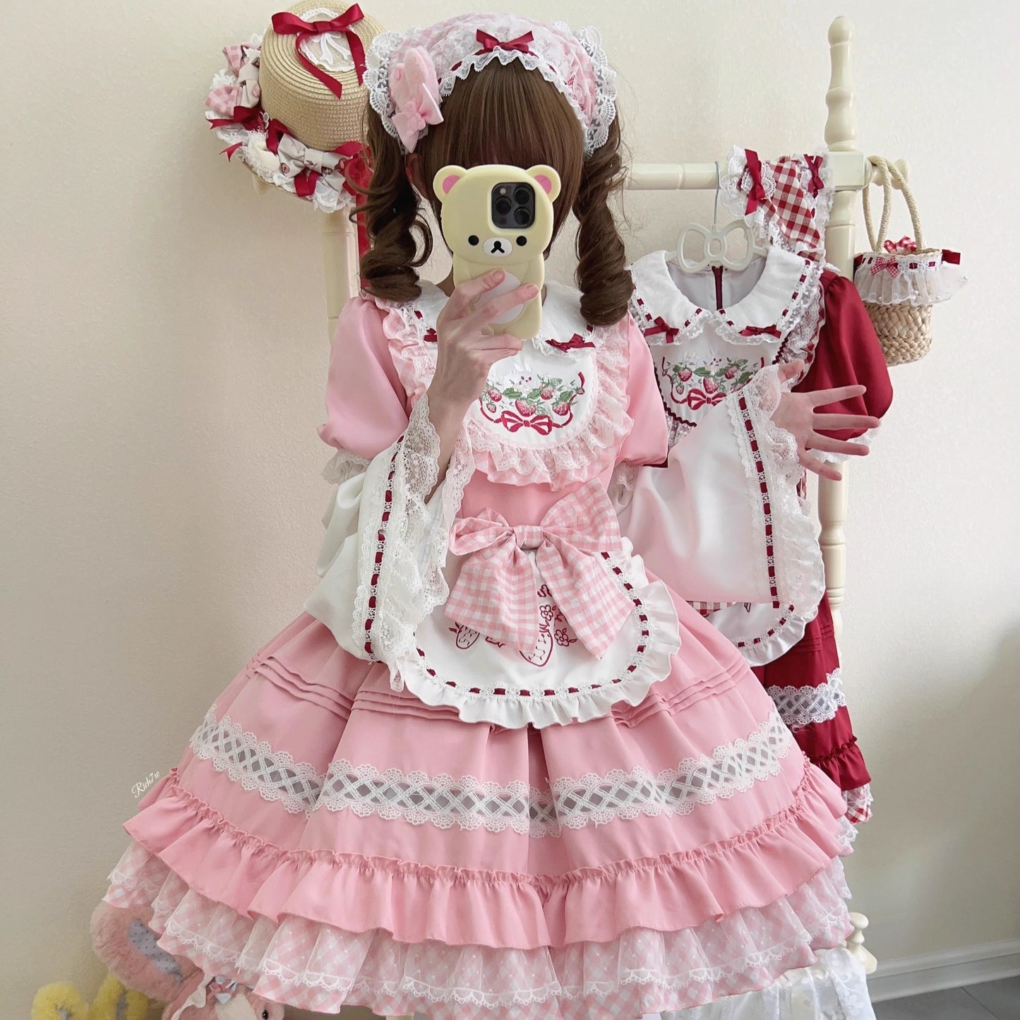 Sugar Girl - Strawberry Tea - Sweet Red Lolita OP Dress Short Sleeve Apron Dress