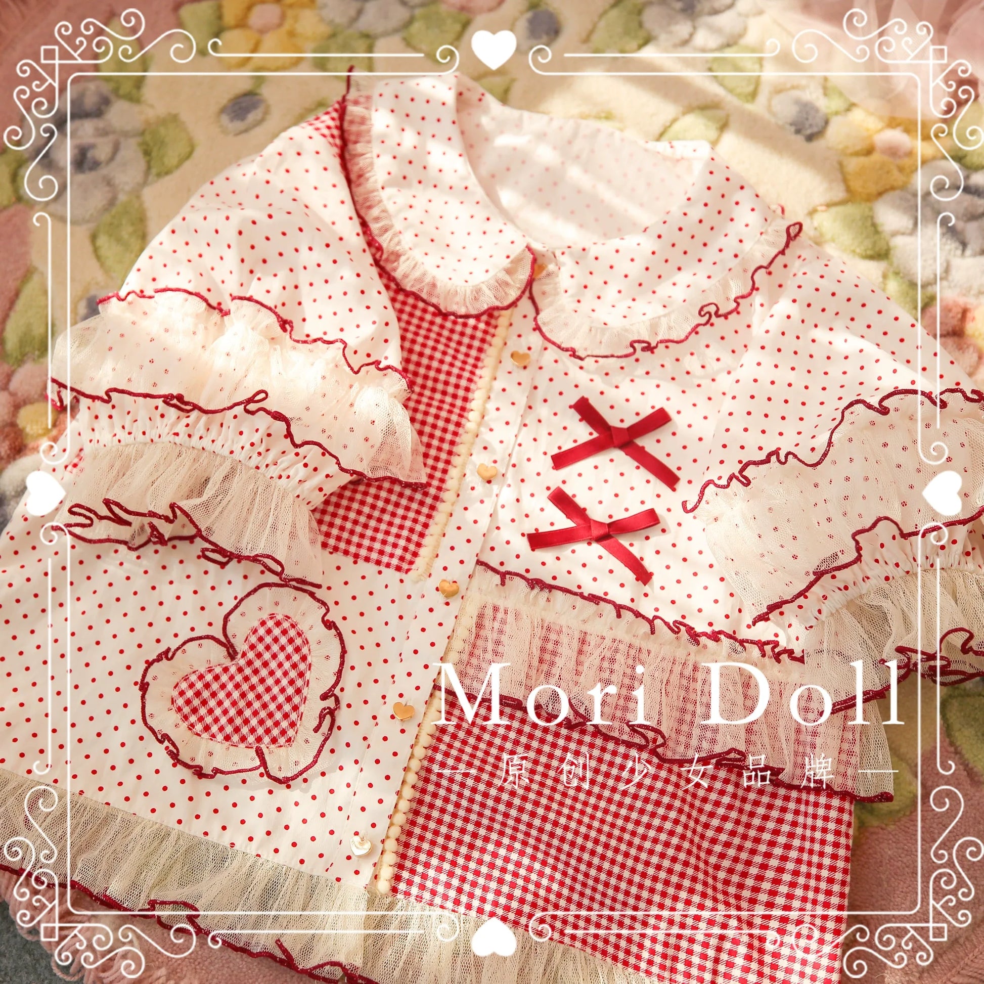 Mori Doll - Peach Tea - Sweet Lolita Dot and Stripe Print Short Sleeve Blouse