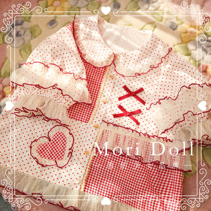 Mori Doll - Peach Tea - Sweet Lolita Dot and Stripe Print Short Sleeve Blouse