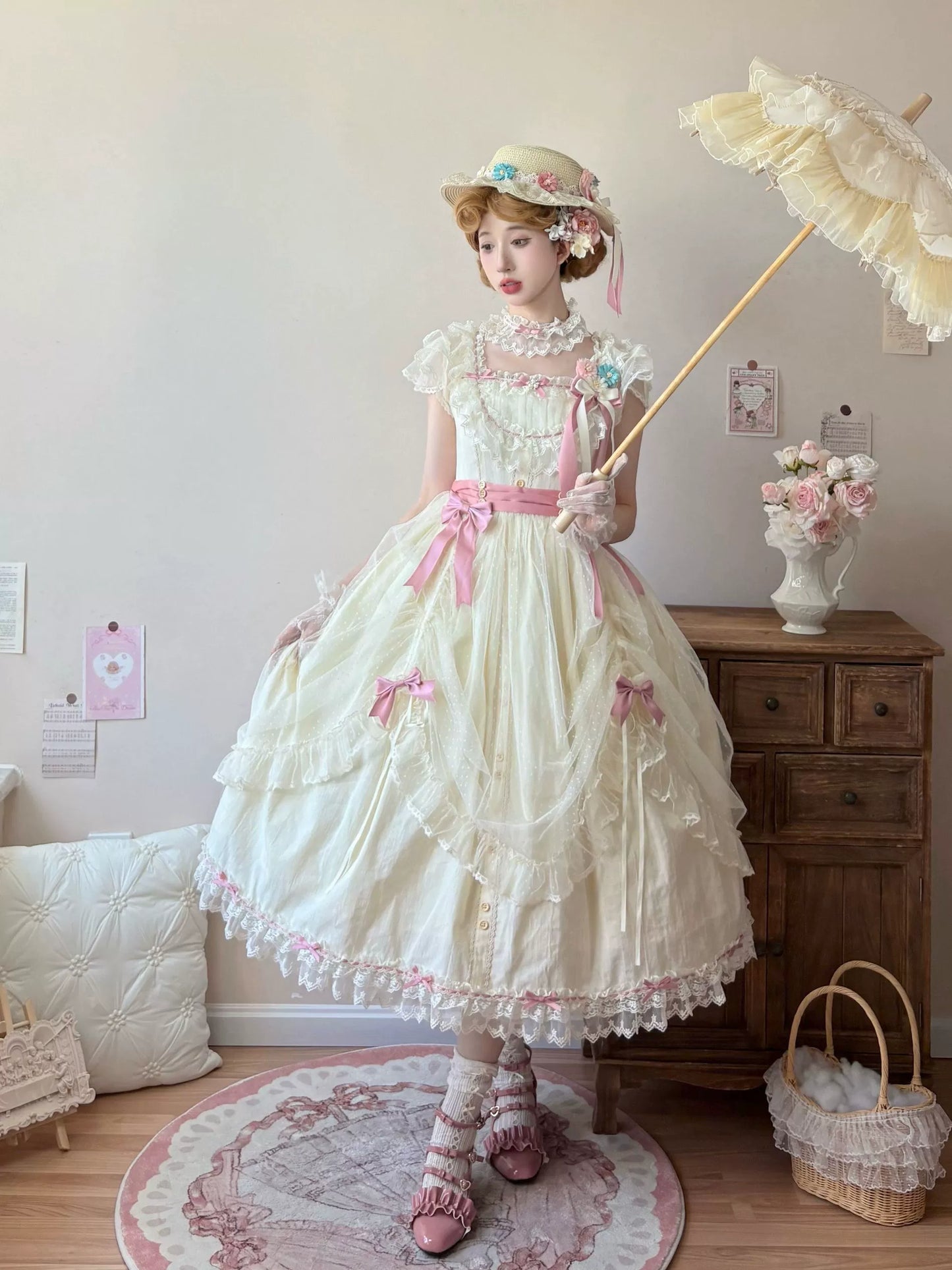 Uncle's Workshop - Fluttering Cherry Spring Strings - Cotton Sweet Lolita JSK Dress
