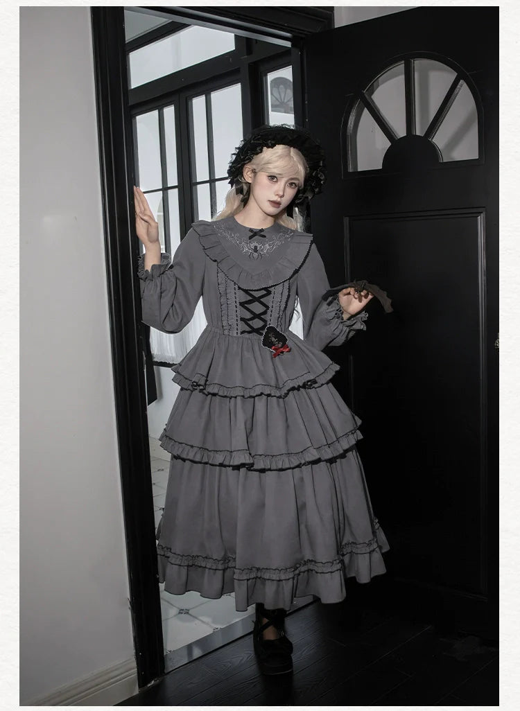 With PUJI - Castle Night - Gothic Twins Lolita OP Three-tiered Embroidery Dress
